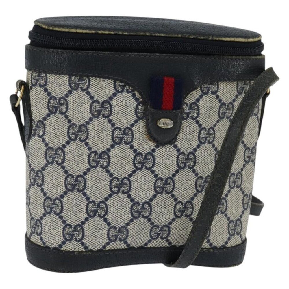 Authentic GUCCI GG Supreme Sherry Line Shoulder Bag PVC Navy Gold 904 02 070